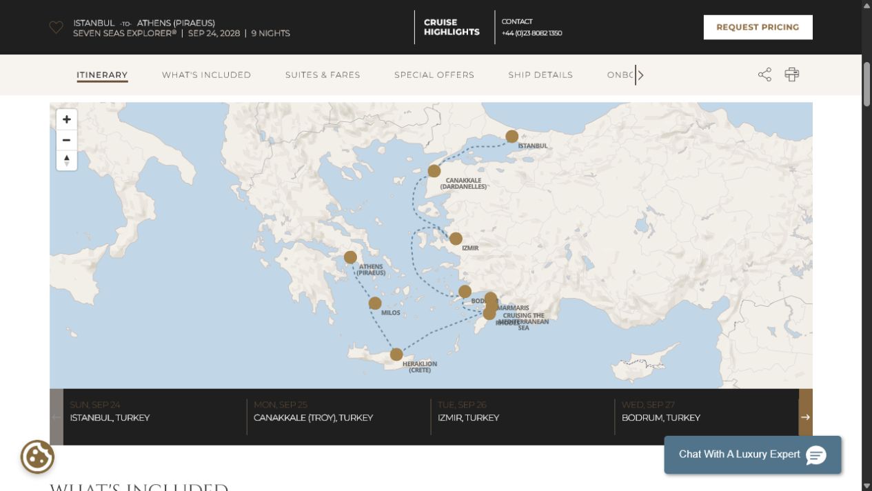 Regent Seven Seas Explorer voyage EXP280924 itinerary map from Istanbul to Athens (Piraeus)