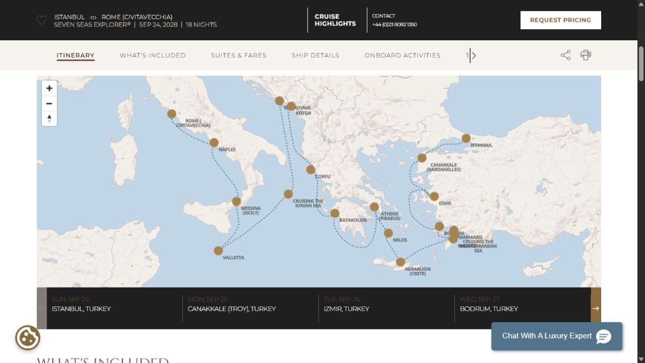 Regent Seven Seas Explorer voyage EXP280924A itinerary map from Istanbul to Rome (Civitavecchia)