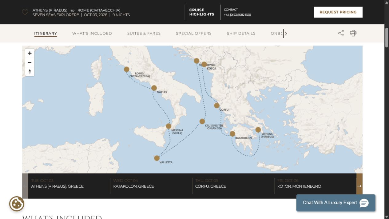 Regent Seven Seas Explorer voyage EXP281003 itinerary map from Athens (Piraeus) to Rome (Civitavecchia)