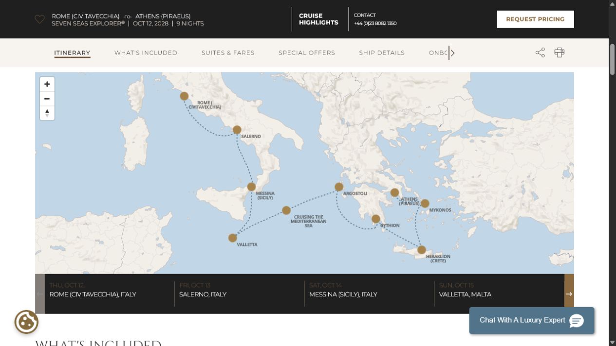 Regent Seven Seas Explorer voyage EXP281012 itinerary map from Rome (Civitavecchia) to Athens (Piraeus)