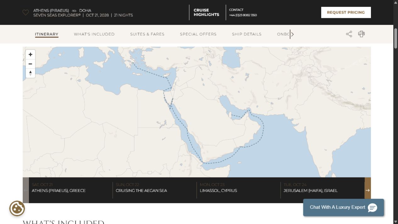 Regent Seven Seas Explorer voyage EXP281021 itinerary map from Athens (Piraeus) to Doha