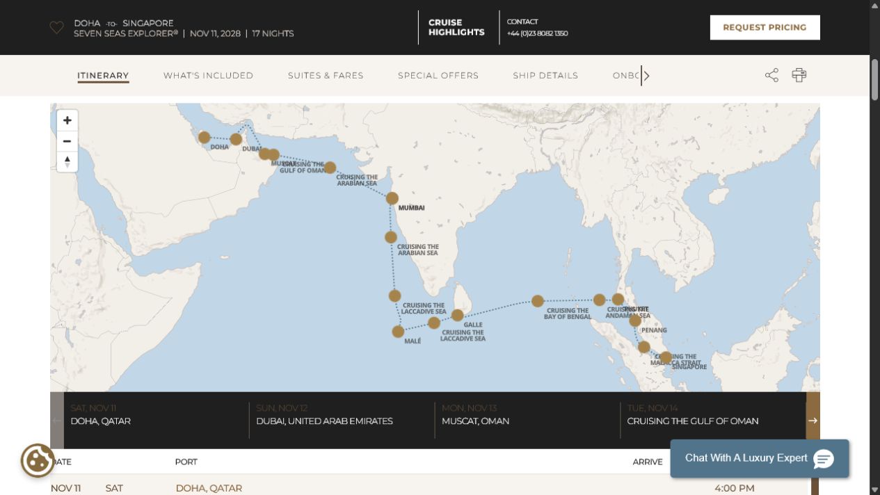 Regent Seven Seas Explorer voyage EXP281111 itinerary map from Doha to Singapore