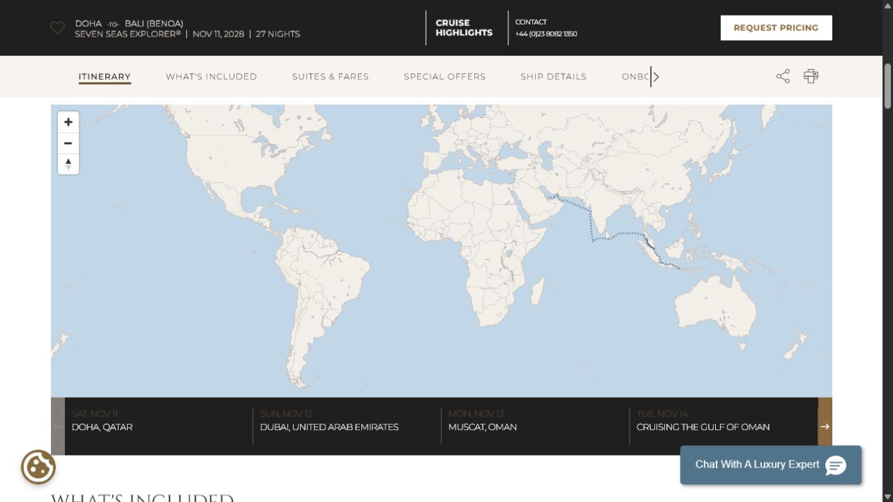 Regent Seven Seas Explorer voyage EXP281111A itinerary map from Doha to Bali (Benoa)