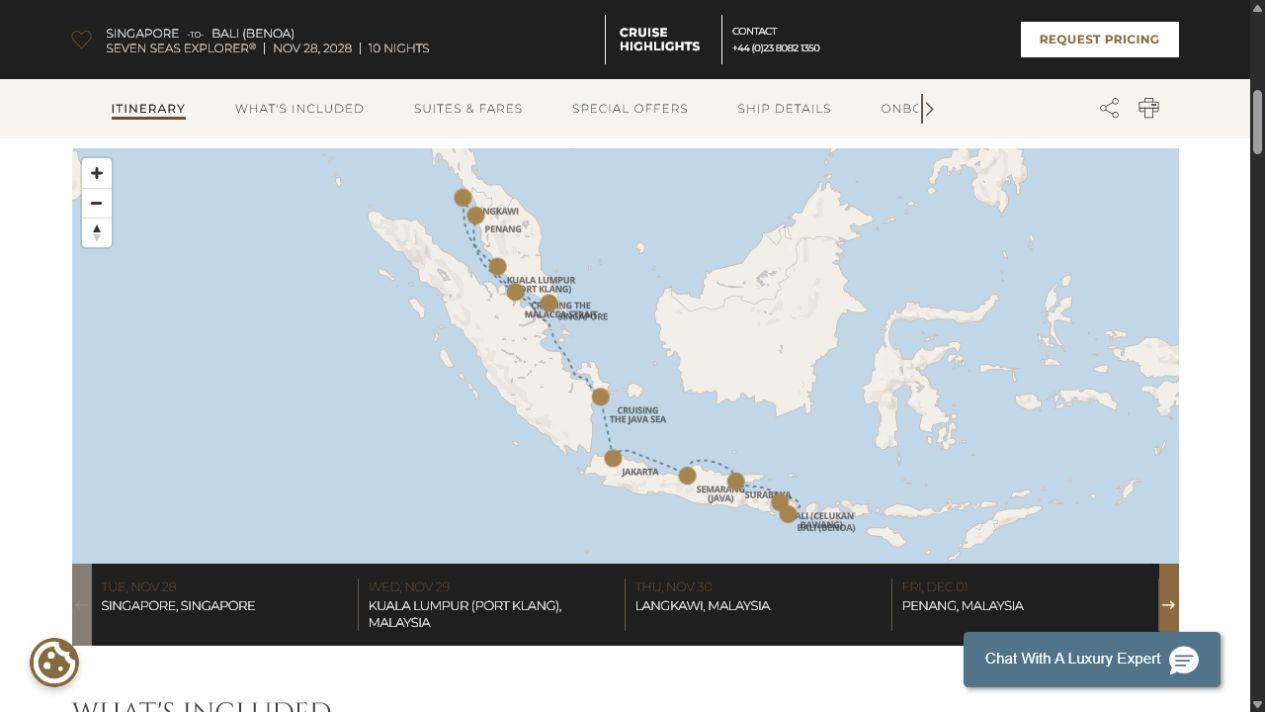 Regent Seven Seas Explorer voyage EXP281128 itinerary map from Singapore to Bali (Benoa)