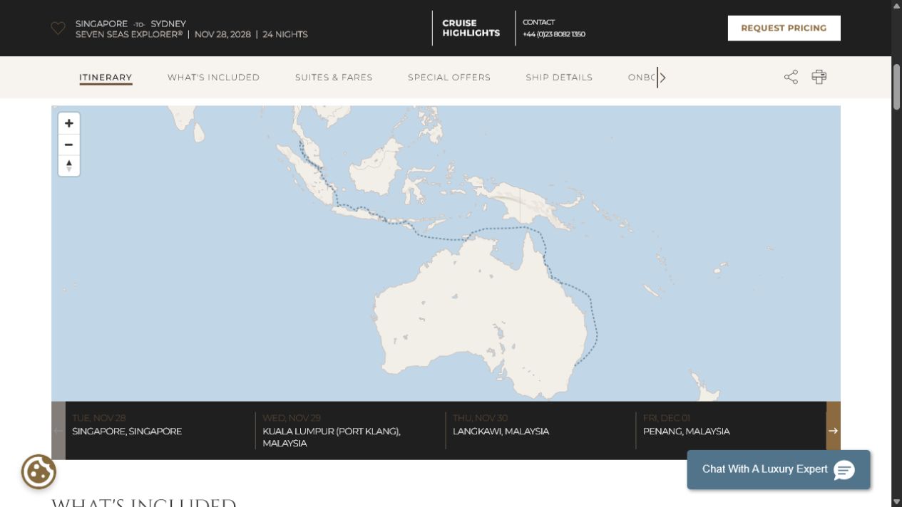 Regent Seven Seas Explorer voyage EXP281128A itinerary map from Singapore to Sydney