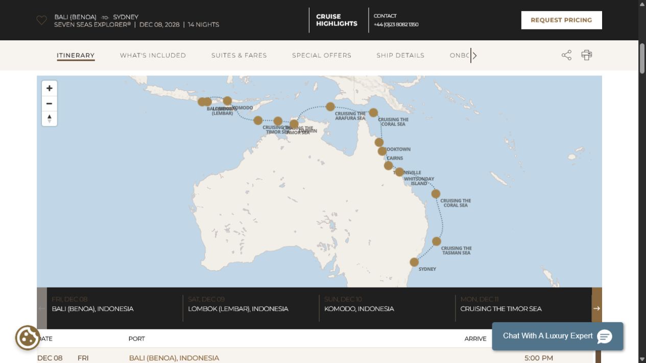 Regent Seven Seas Explorer voyage EXP281208 itinerary map from Bali (Benoa) to Sydney