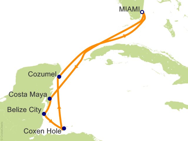 Seven Seas Grandeur Voyage GRA260221 itinerary map from Roundtrip Miami to Roundtrip Miami, February 21-28 2026, 7 days