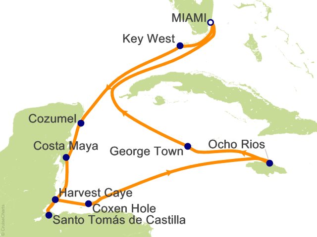 Seven Seas Grandeur Voyage GRA260314 itinerary map from Roundtrip Miami to Roundtrip Miami, March 14-26 2026, 12 days