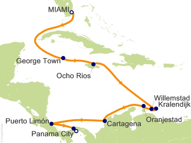 Seven Seas Grandeur Voyage GRA260103 itinerary map from Miami to Panama City, January 3-15 2026, 12 days