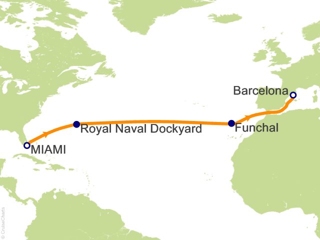 Seven Seas Grandeur Voyage GRA260407 itinerary map from Miami to Barcelona, April 7-21 2026, 14 days