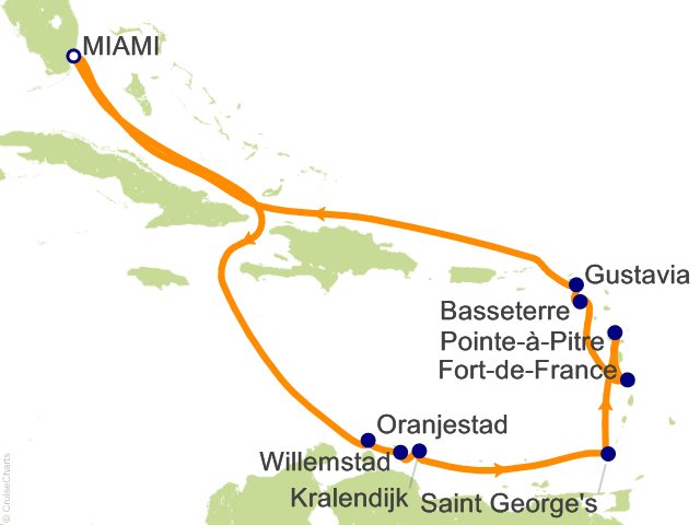 Seven Seas Grandeur Voyage GRA260228 itinerary map from Roundtrip Miami to Roundtrip Miami, February 28-March 14 2026, 14 days