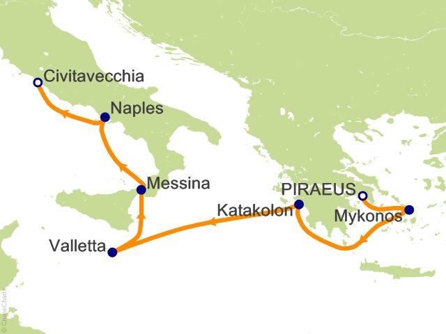 Seven Seas Grandeur Voyage GRA261101 itinerary map from ATHENS (PIRAEUS) to ROME (CIVITAVECCHIA), November 1-8 2026, 7 days