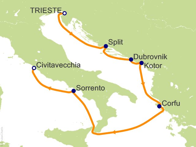 Seven Seas Grandeur Voyage GRA260517 itinerary map from Trieste to Rome (Civitavecchia), May 17-24 2026, 7 days