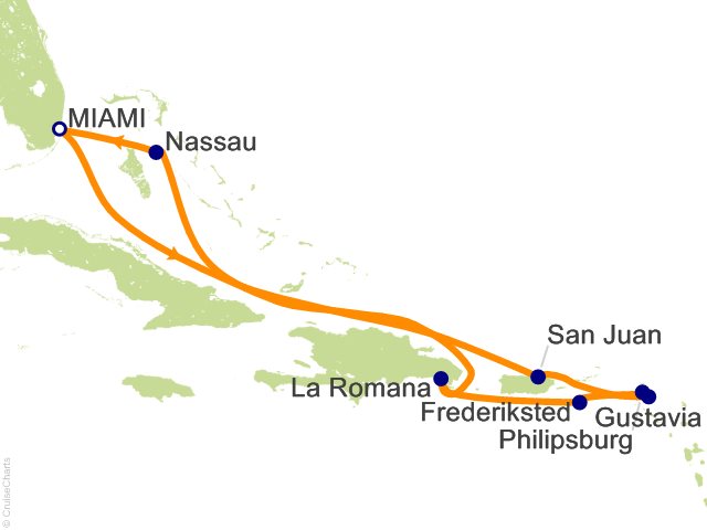 Seven Seas Grandeur Voyage GRA261129 itinerary map from MIAMI to MIAMI, November 29-December 9 2026, 10 days