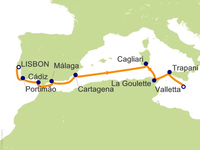 Seven Seas Grandeur Voyage GRA261009 itinerary map from LISBON to VALLETTA, October 9-20 2026, 11 days