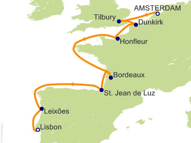 Seven Seas Grandeur Voyage GRA260927 itinerary map from AMSTERDAM to LISBON, September 27-October 9 2026, 12 days