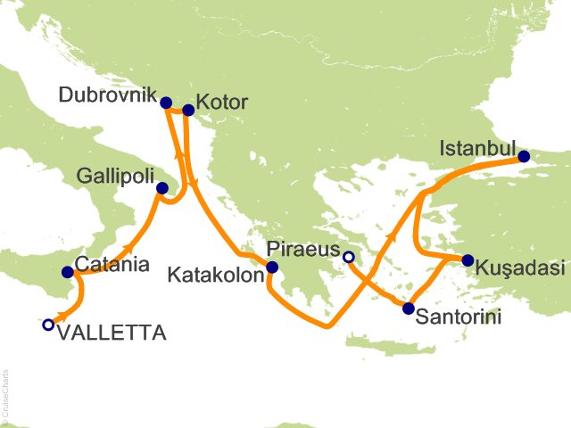 Seven Seas Grandeur Voyage GRA261020 itinerary map from VALLETTA to ATHENS (PIRAEUS), October 20-November 1 2026, 12 days