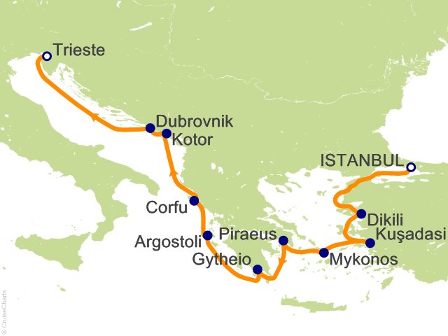 Seven Seas Grandeur Voyage GRA260505 itinerary map from Istanbul to Trieste, May 5-17 2026, 12 days