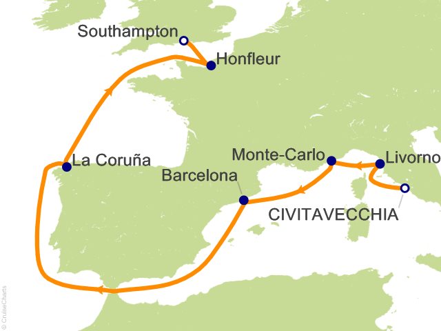 Seven Seas Grandeur Voyage GRA260524 itinerary map from Rome (Civitavecchia) to London (Southampton), May 24-June 6 2026, 13 days