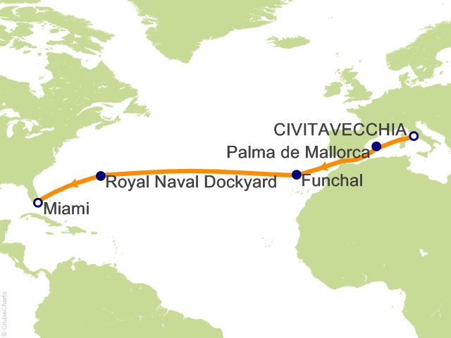 Seven Seas Grandeur Voyage GRA261108 itinerary map from ROME (CIVITAVECCHIA) to MIAMI, November 8-22 2026, 14 days