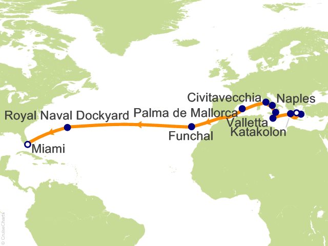 Seven Seas Grandeur Voyage GRA261101A itinerary map from ATHENS (PIRAEUS) to MIAMI, November 1-22 2026, 21 days