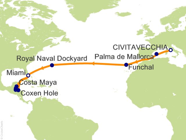 Seven Seas Grandeur Voyage GRA261108A itinerary map from ROME (CIVITAVECCHIA) to MIAMI, November 8-29 2026, 21 days