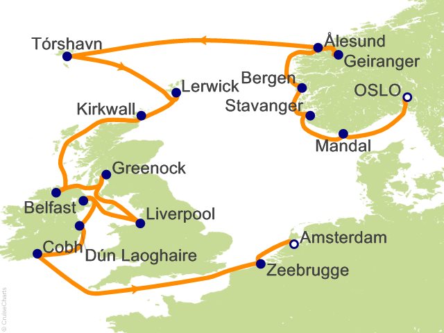 Seven Seas Grandeur Voyage GRA260908 itinerary map from OSLO to AMSTERDAM, September 8-27 2026, 19 days