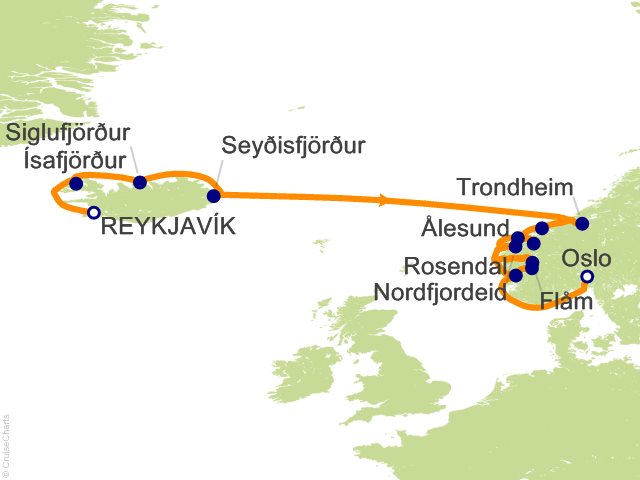 Seven Seas Grandeur Voyage GRA260801 itinerary map from REYKJAVIK to OSLO, August 1-15 2026, 14 days