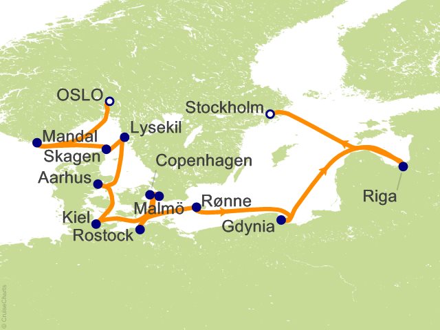 Seven Seas Grandeur Voyage GRA260815A itinerary map from OSLO to STOCKHOLM, August 15-29 2026, 14 days