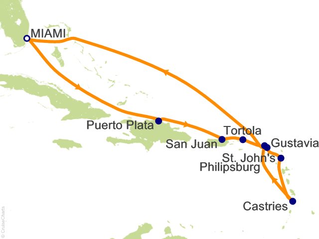 Seven Seas Grandeur Voyage GRA260210 itinerary map from Roundtrip Miami to Roundtrip Miami, February 10-21 2026, 11 days