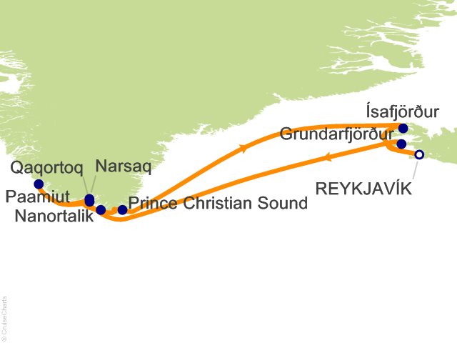 Seven Seas Grandeur Voyage GRA260722 itinerary map from REYKJAVIK to REYKJAVIK, July 22-August 1 2026, 10 days