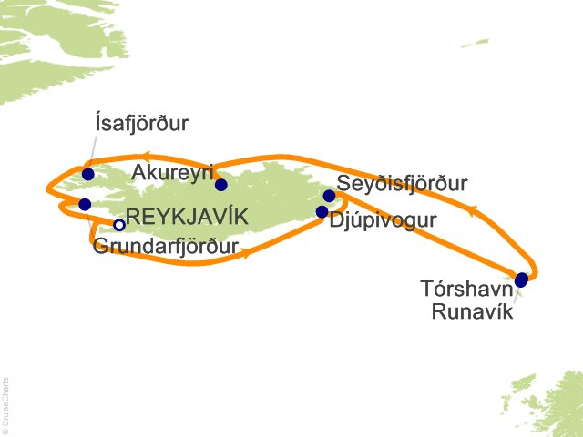 Seven Seas Grandeur Voyage GRA260712 itinerary map from Roundtrip Reykjavik to Roundtrip Reykjavik, July 12-22 2026, 10 days