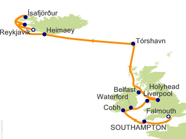 Seven Seas Grandeur Voyage GRA260628A itinerary map from London (Southampton) to Reykjavik, June 28-July 12 2026, 14 days