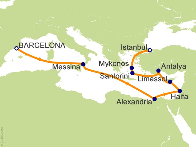 Seven Seas Grandeur Voyage GRA260421 itinerary map from Barcelona to Istanbul, Turkey, April 21-May 5 2026, 14 days