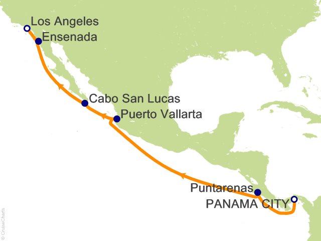 Seven Seas Grandeur Voyage GRA260115 itinerary map from Panama City to Los Angeles (San Pedro), January 15-25 2026, 10 days