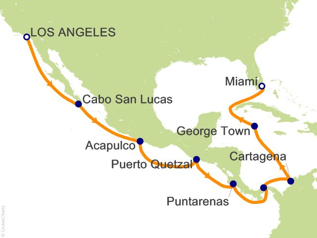 Seven Seas Grandeur Voyage GRA260125 itinerary map from Los Angeles (San Pedro) to Miami, January 25-February 10 2026, 16 days