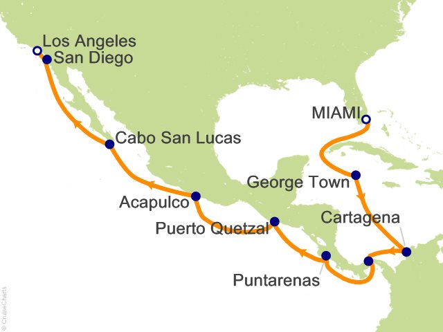 Seven Seas Grandeur Voyage GRA261229 itinerary map from MIAMI to LOS ANGELES, December 29-January 14 2027, 16 days