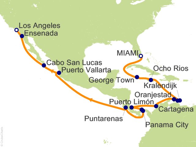 Seven Seas Grandeur Voyage GRA260103A itinerary map from Miami to Los Angeles (San Pedro), January 3-25 2026, 22 days