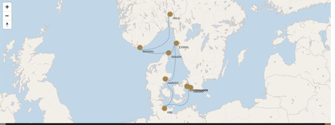 Seven Seas Grandeur Voyage GRA260815 itinerary map from OSLO to COPENHAGEN, August 15-22 2026, 7 days