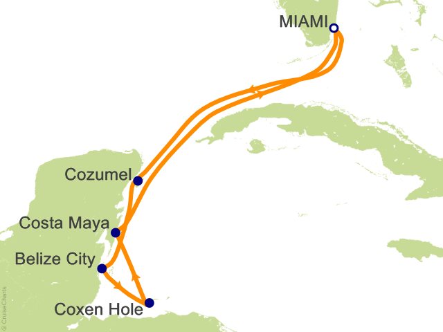 Seven Seas Grandeur Voyage GRA270216 itinerary map from MIAMI to MIAMI, February 16-23 2027, 7 days