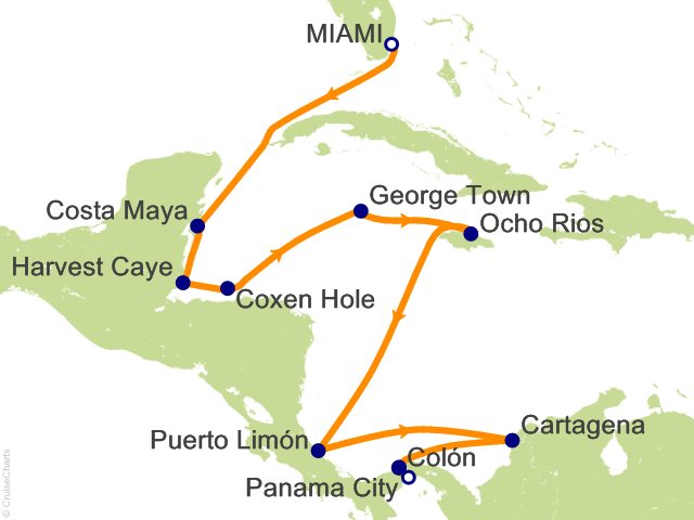 Seven Seas Grandeur Voyage GRA270223 itinerary map from MIAMI to PANAMA CITY, February 23-March 9 2027, 14 days