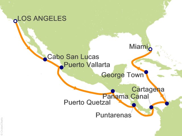 Seven Seas Grandeur Voyage GRA270124 itinerary map from LOS ANGELES to MIAMI, January 24-February 9 2027, 16 days