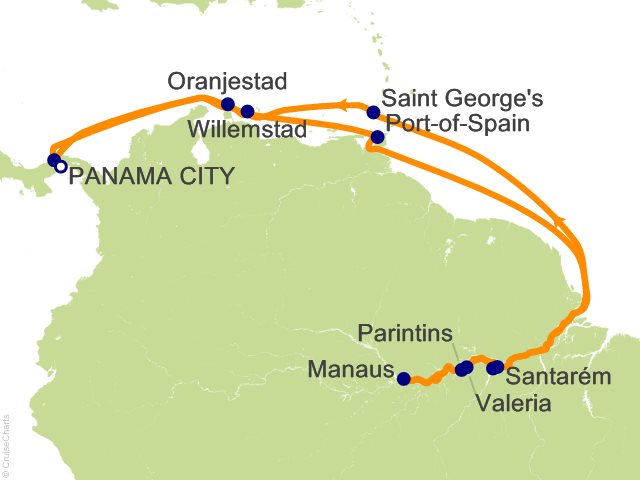 Seven Seas Grandeur Voyage GRA270309 itinerary map from PANAMA CITY to PANAMA CITY, March 9-31 2027, 22 days