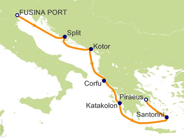 Seven Seas Grandeur Voyage GRA270627 itinerary map from VENICE (FUSINA) to ATHENS (PIRAEUS), June 27-July 4 2027, 7 days