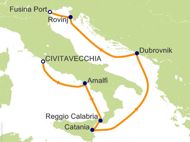 Seven Seas Grandeur Voyage GRA270620 itinerary map from ROME (CIVITAVECCHIA) to VENICE (FUSINA), June 20-27 2027, 7 days