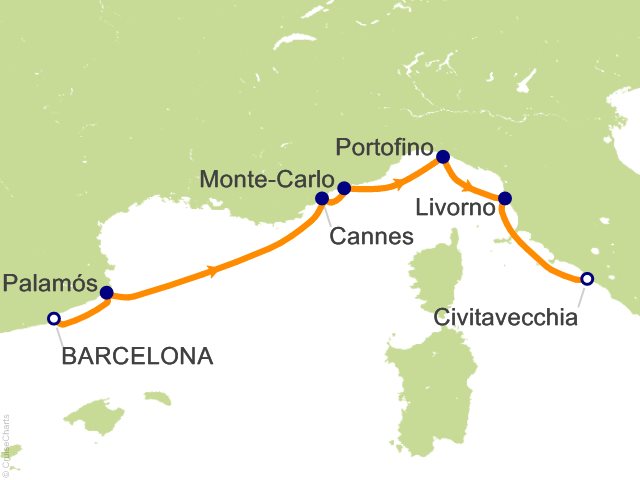 Seven Seas Grandeur Voyage GRA270613 itinerary map from BARCELONA to ROME (CIVITAVECCHIA), June 13-20 2027, 7 days