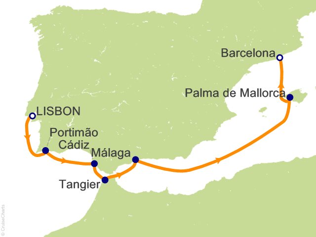 Seven Seas Grandeur Voyage GRA270508 itinerary map from LISBON to BARCELONA, May 8-15 2027, 7 days