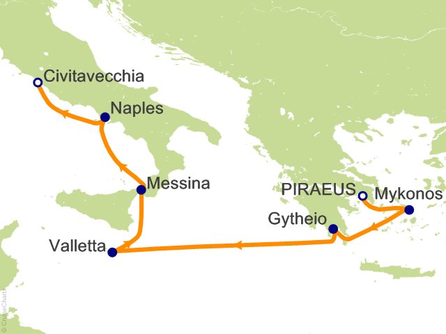 Seven Seas Grandeur Voyage GRA270704 itinerary map from ATHENS (PIRAEUS) to ROME (CIVITAVECCHIA), July 4-11 2027, 7 days