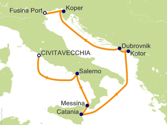 Seven Seas Grandeur Voyage GRA270711 itinerary map from ROME (CIVITAVECCHIA) to VENICE (FUSINA), July 11-19 2027, 8 days