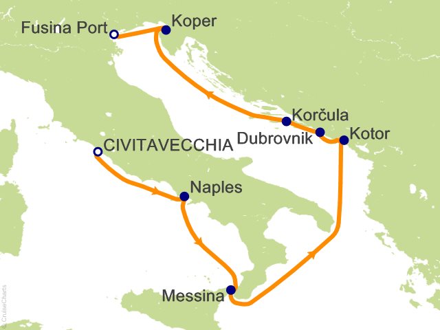 Seven Seas Grandeur Voyage GRA270525 itinerary map from ROME (CIVITAVECCHIA) to VENICE (FUSINA), May 25-June 2 2027, 8 days